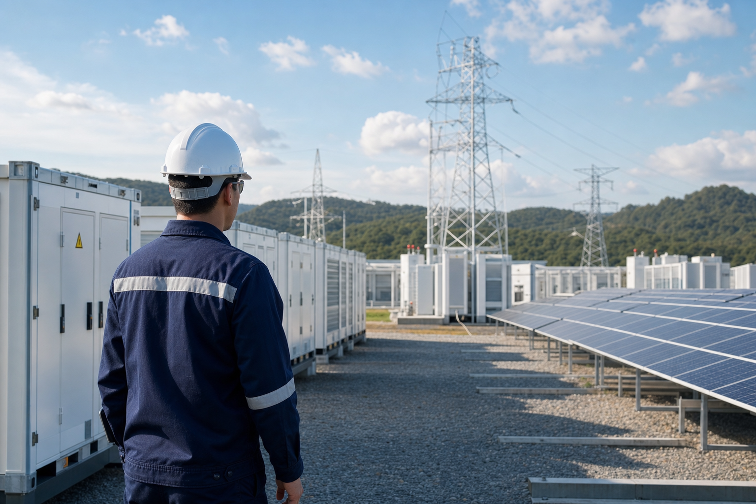 Technician inspecting solar and battery equipment