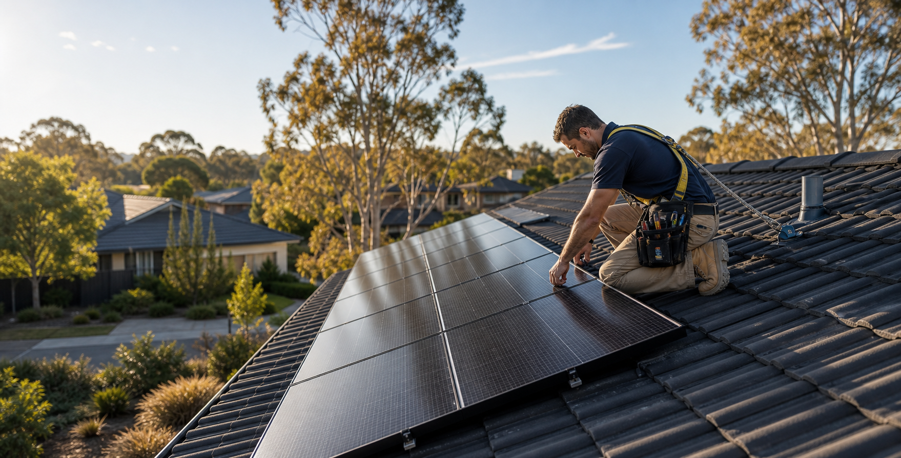 Australian electrician checking rooftop solar panels